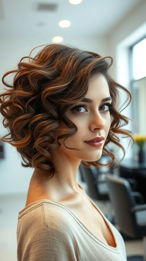 A woman with a curly bob hairstyle featuring light feathering, showcasing soft, bouncy curls.