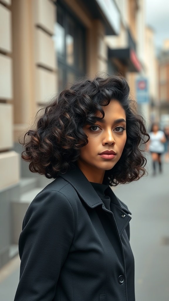 A woman with curly mid-length hair styled with a side part, showcasing a feminine look suitable for square faces.