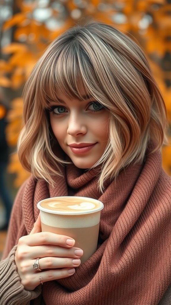 A woman with curtain bangs and a short bob hairstyle, holding a coffee cup, surrounded by autumn leaves.