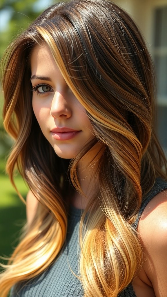 A woman with dark brown hair featuring golden blonde tips, styled in soft waves.
