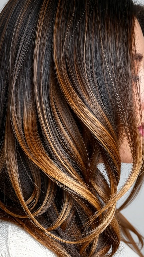 Dark caramel brown hair with warm blonde highlights styled in loose waves