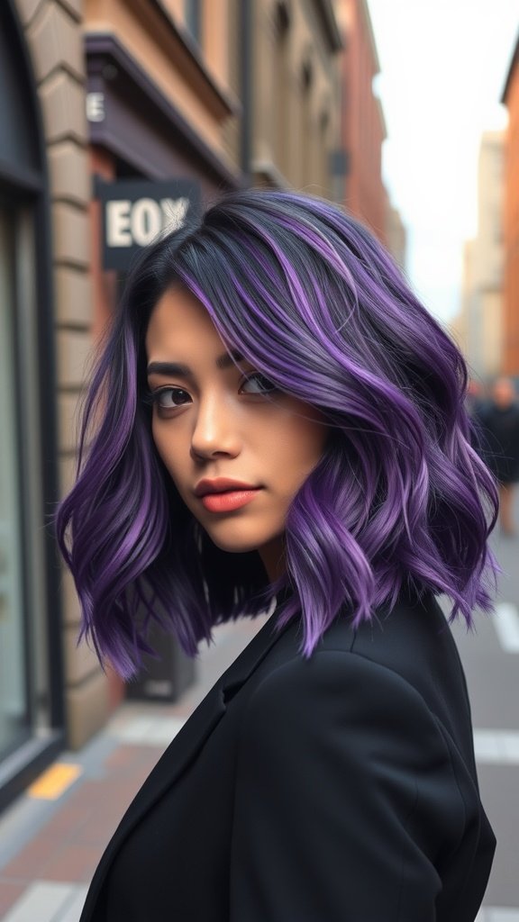 A woman with an electric violet wavy bob hairstyle with dark roots, standing in a city street.