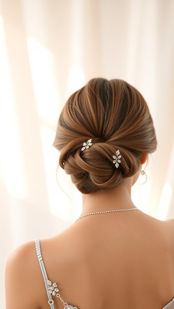 A woman with a low twisted bun hairstyle adorned with decorative hairpins, showcasing a sophisticated look.