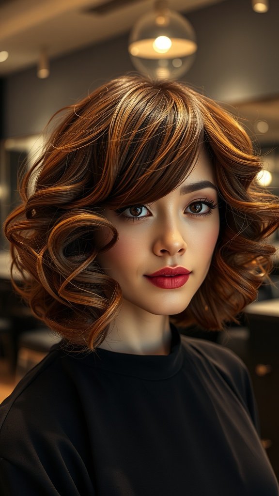 A woman with a feathered bob hairstyle featuring voluminous curls, showcasing a fresh and stylish look.