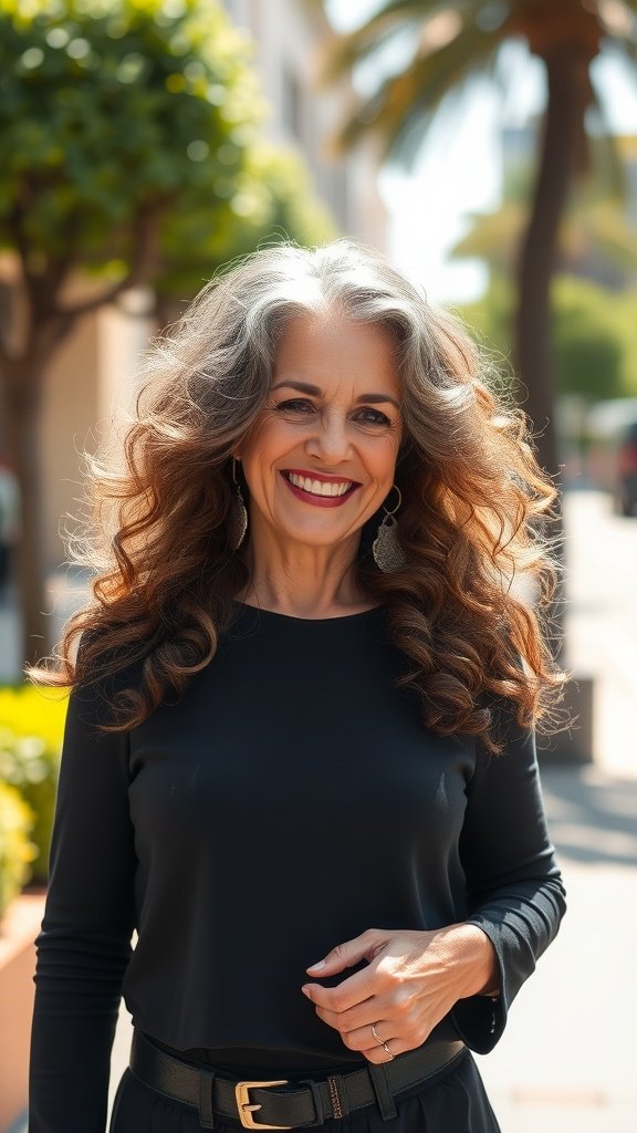 A woman over 50 with long, flowy curls, smiling confidently outdoors.