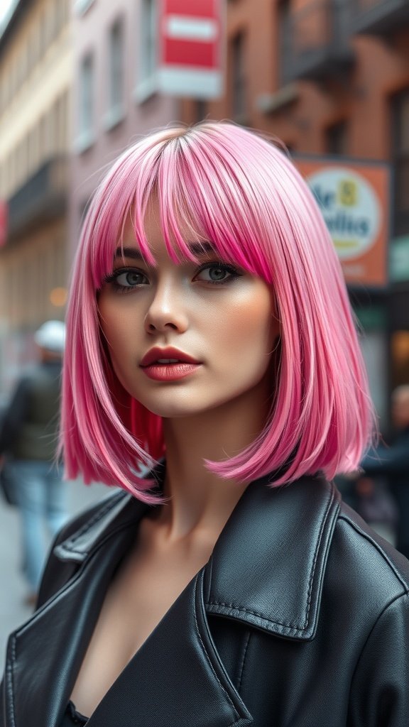 A woman with glossy pink blunt cut hair, wearing a black leather jacket, standing in an urban setting.
