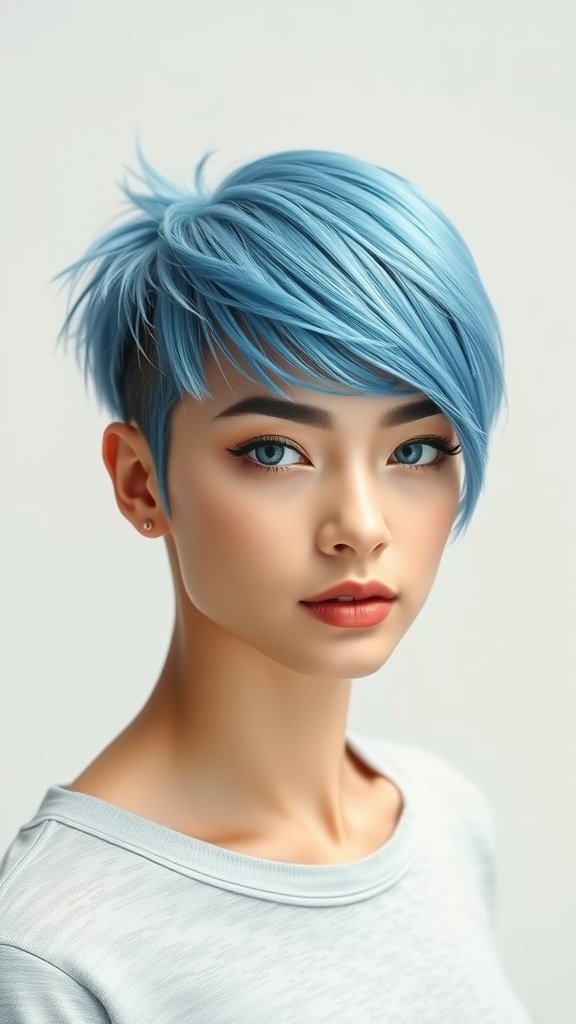 A young woman with an ice-blue edgy pixie haircut and long bangs, showcasing a modern and stylish look.