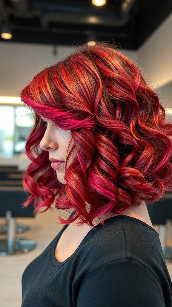 A woman with an inverted bob hairstyle featuring curly bangs and vibrant red hair.