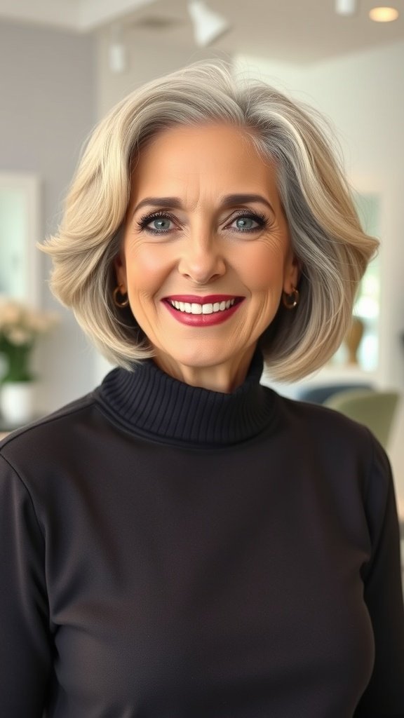 A woman with an inverted bob hairstyle featuring soft waves, smiling confidently.