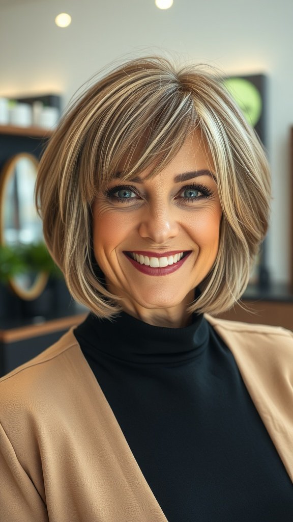 A woman with a layered bob hairstyle and bangs, smiling confidently.