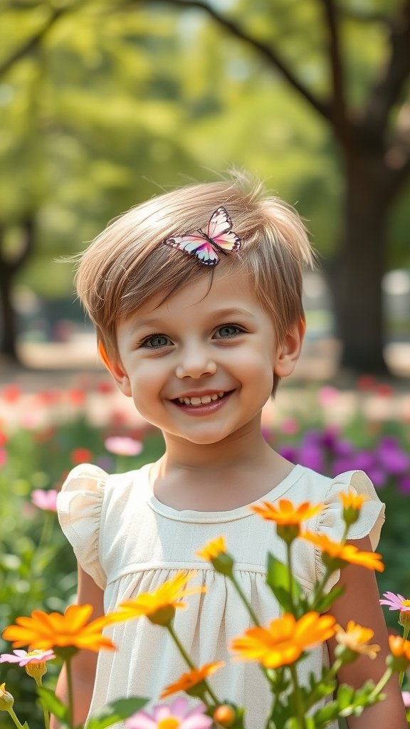 A young girl with a layered pixie haircut and a butterfly clip, smiling in a flower garden.