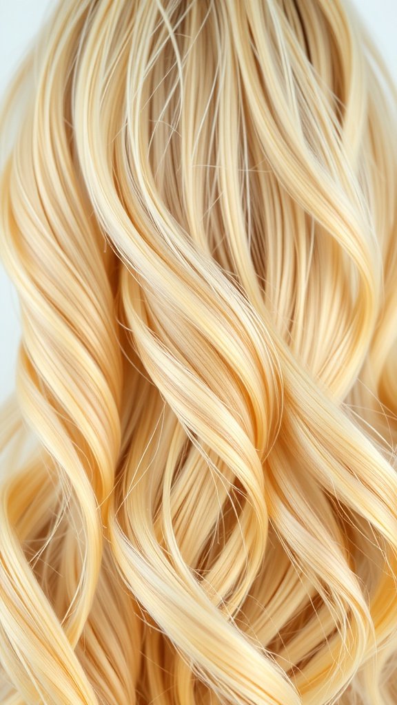 Light blonde hair with lemon yellow highlights styled in soft waves