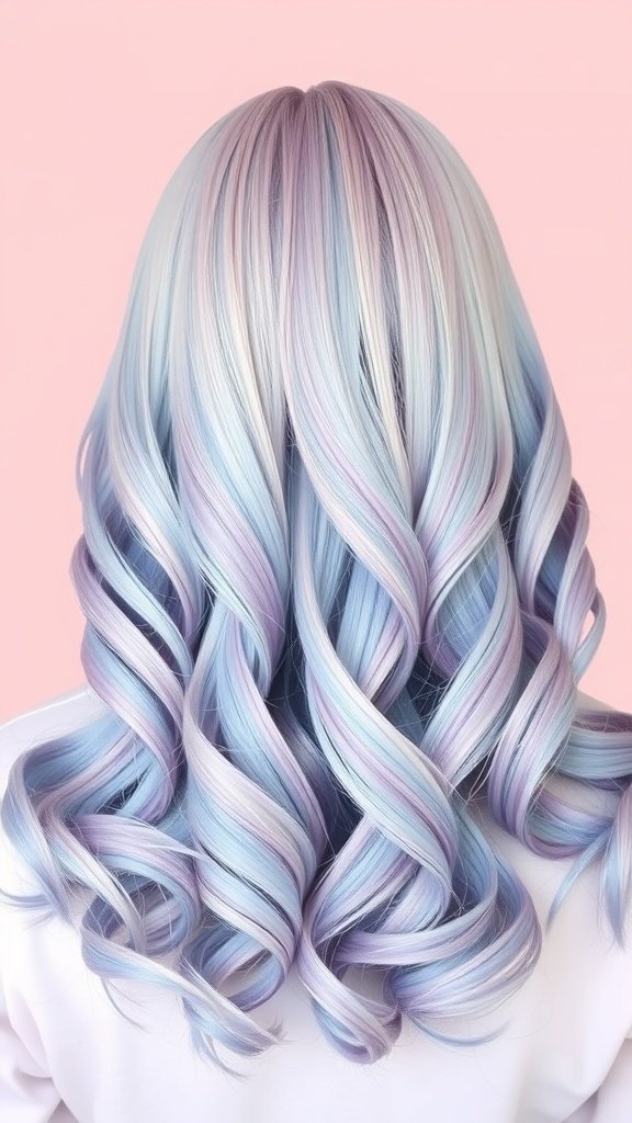 A hairstyle featuring a lilac to baby blue ombre transition with soft curls.