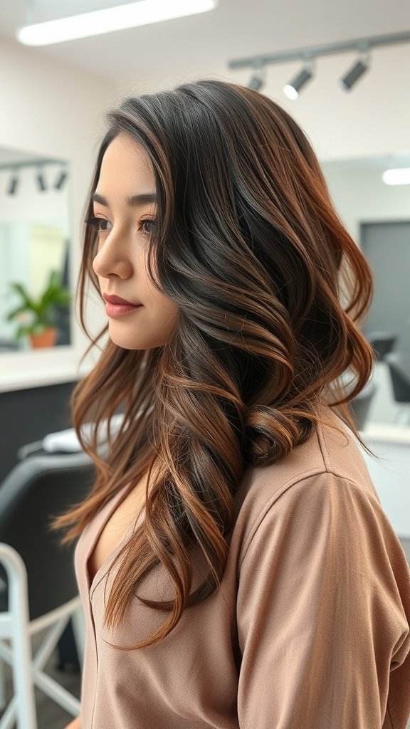 A woman with a lob haircut styled in loose ringlets, showcasing a vibrant and healthy look.