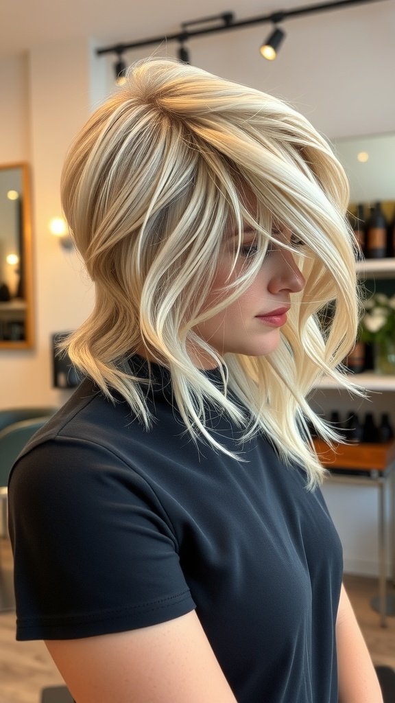 A woman with long-front bixie haircut in ash-blonde, showcasing layered hair.