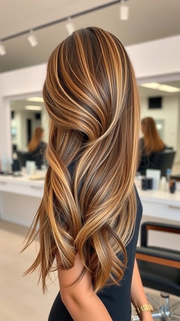 Long layered hairstyle with voluminous blowout, showcasing warm tones and highlights.