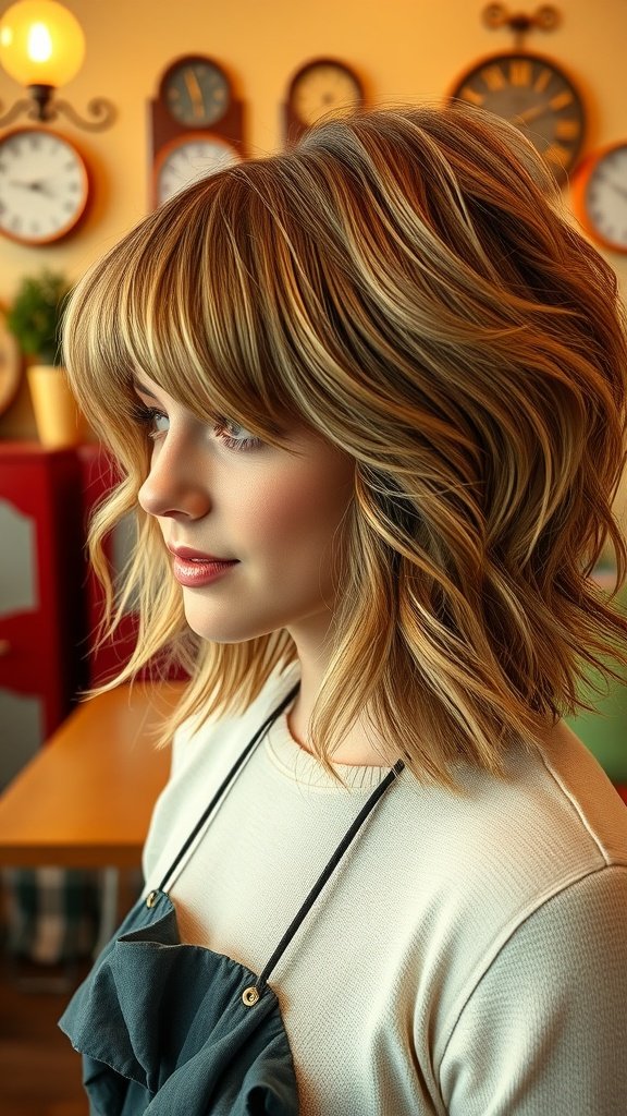 A woman with a mid-length shag haircut featuring soft layers and bangs, styled with warm tones in a cozy setting.