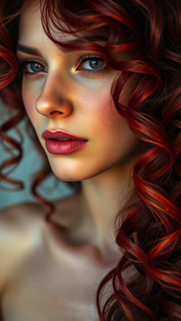 A close-up of a person with dark red molten lava loose curls, showcasing vibrant hair color and soft curls.