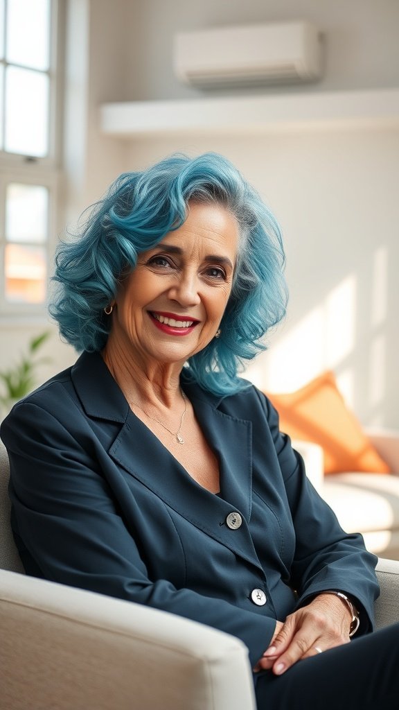 A woman over 60 with ocean blue soft curls and a middle part, smiling while seated in a stylish outfit.