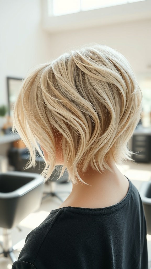 A pearl blonde layered pixie hairstyle showcasing soft layers and a modern look.