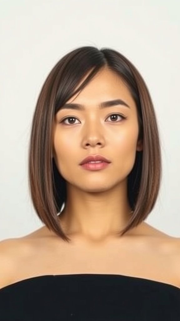 A woman with a pin straight bob hairstyle featuring sharp edges, looking directly at the camera.