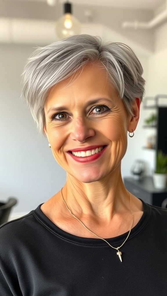 A woman over 50 with a pixie bob hairstyle featuring subtle layers, smiling confidently.