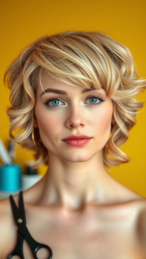 A woman with a soft curled pixie cut, looking confidently at the camera.