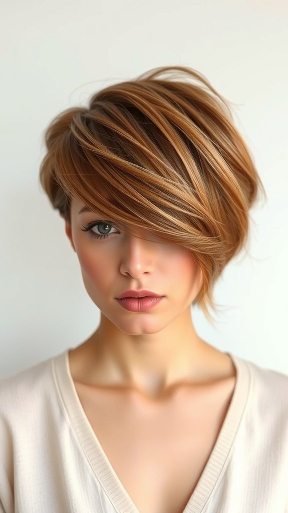 A woman with a pixie cut featuring long side-swept bangs, showcasing a modern and chic hairstyle.