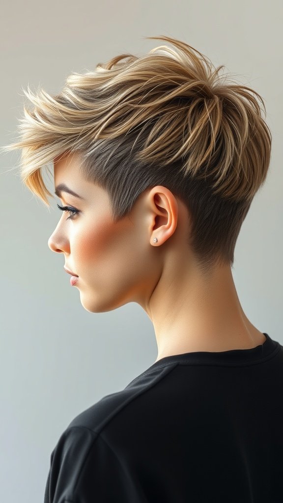 A stylish pixie haircut with a sculpted back and wispy bangs, showcasing texture and shape.