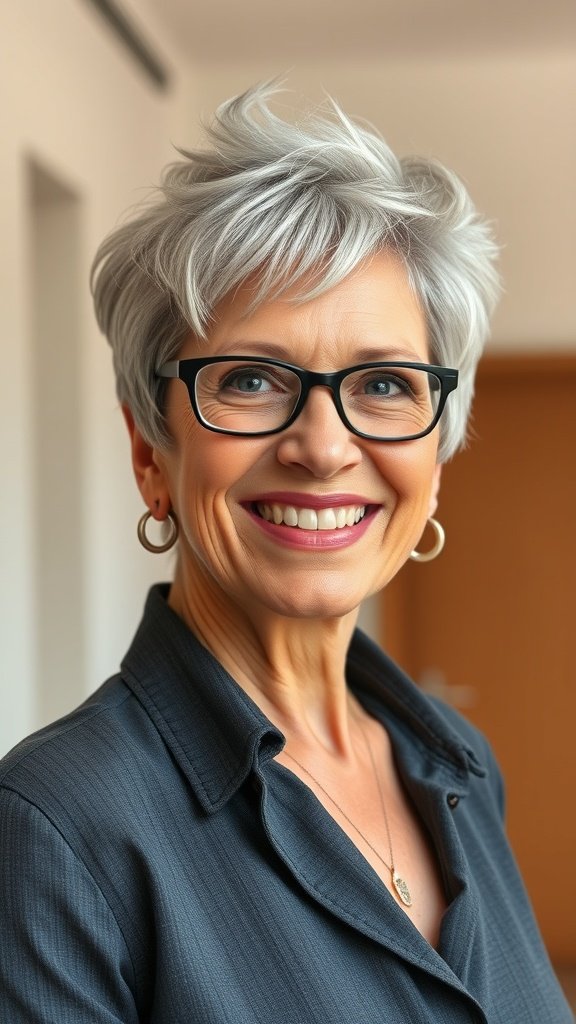 A woman with a playful pixie hairstyle featuring chunky highlights, smiling confidently.