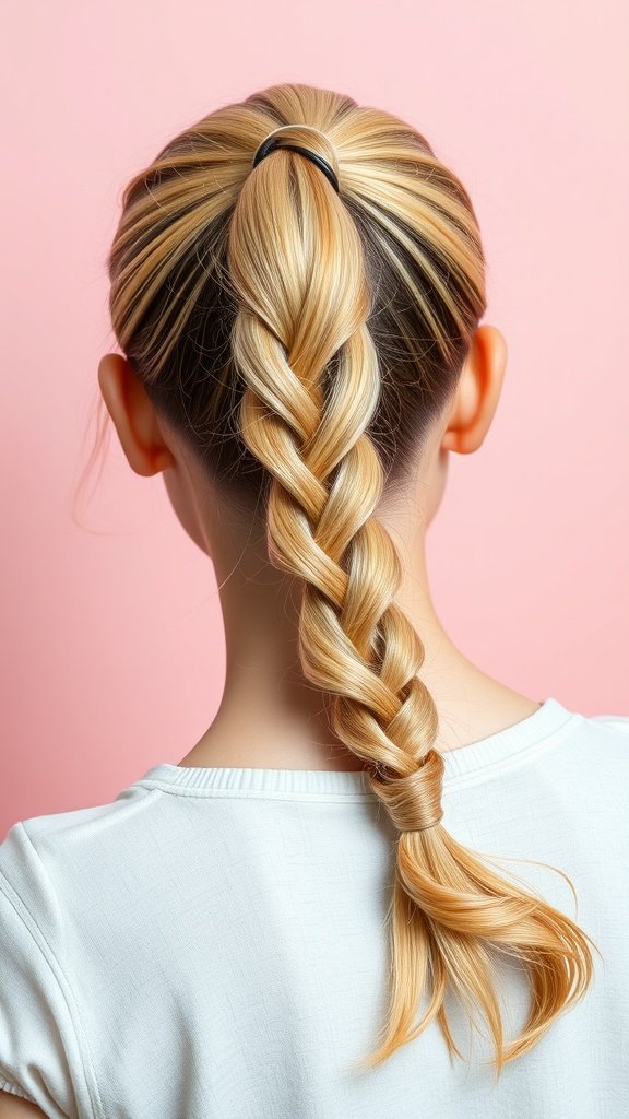 A woman with blonde hair styled in a braided ponytail, showcasing dark roots against a pink background.
