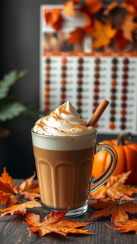 A Pumpkin Spice Latte with whipped cream and a sprinkle of spice, surrounded by autumn leaves.