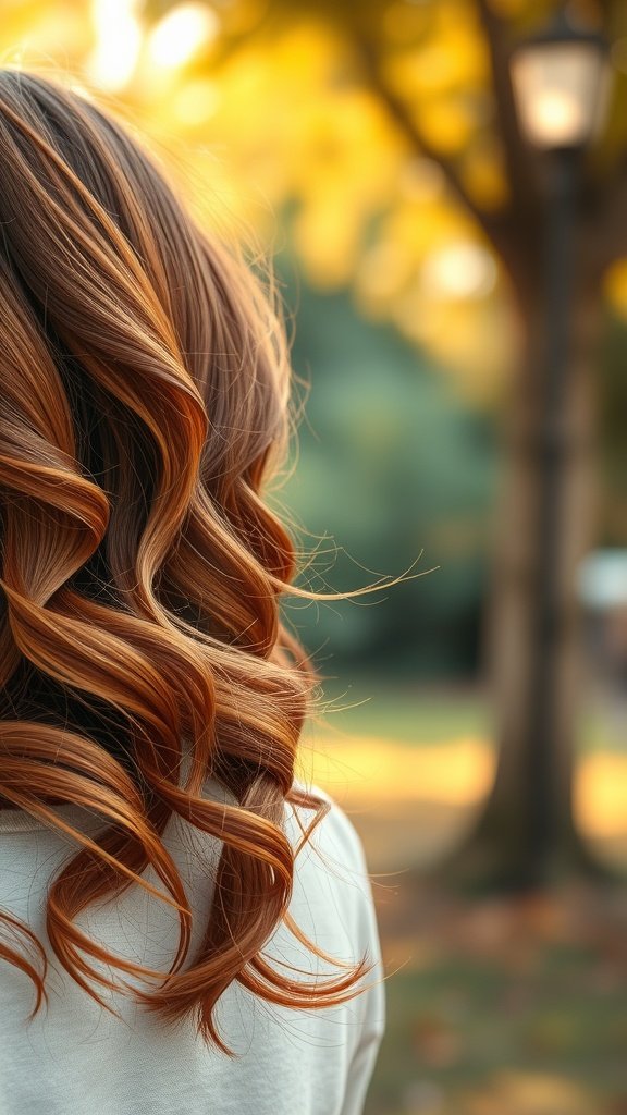 A close-up of a person with rich copper-toned hair styled in soft curls, set against a blurred background of autumn foliage.