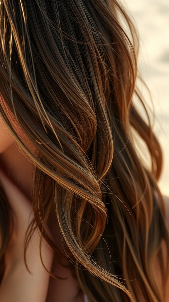 Rich dark brown hair styled in beach waves with highlights