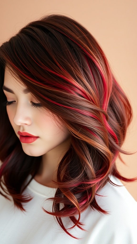 A woman with rich mahogany hair featuring vibrant crimson highlights, styled in soft waves.