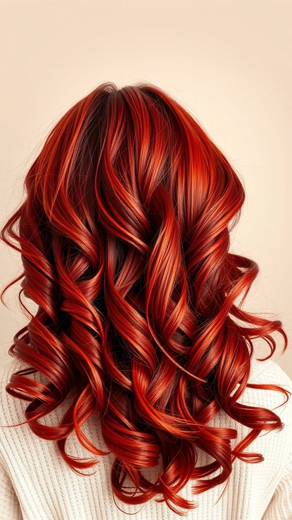 Back view of a person with ruby-red curly hair, showcasing vibrant curls against a neutral background.