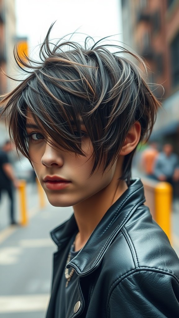 A stylish individual with a shag haircut featuring a wispy fringe, wearing a leather jacket in an urban setting.