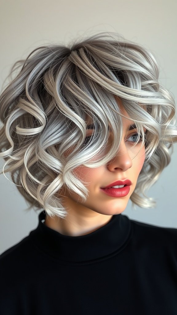 A woman with a short curly bob hairstyle featuring natural silver curls.