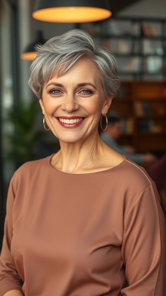 A woman with a short haircut featuring a textured top, smiling confidently.