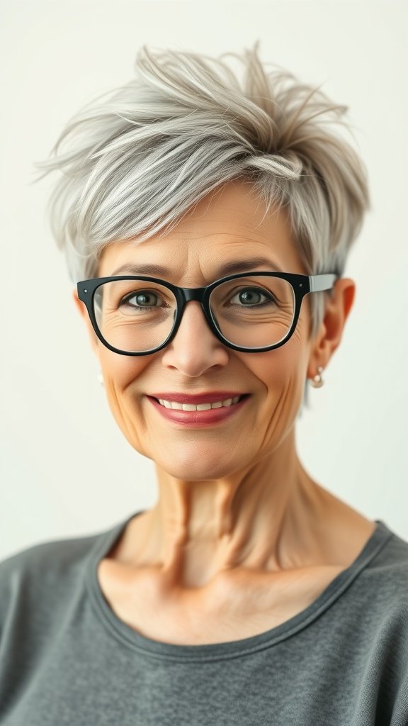A woman with a short feathered pixie cut and glasses, smiling at the camera.