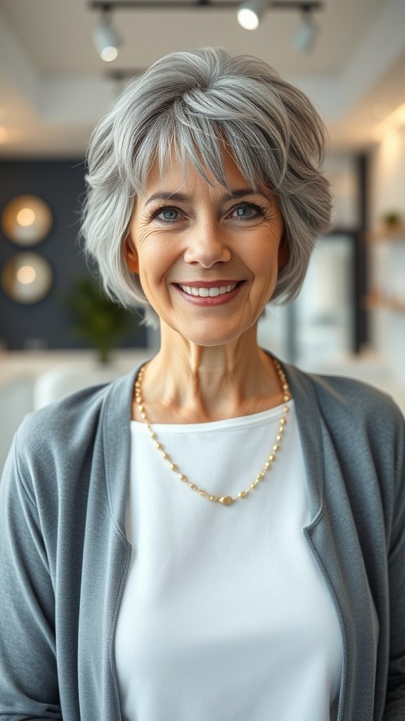 A woman with short layered gray hair and soft bangs, smiling confidently.