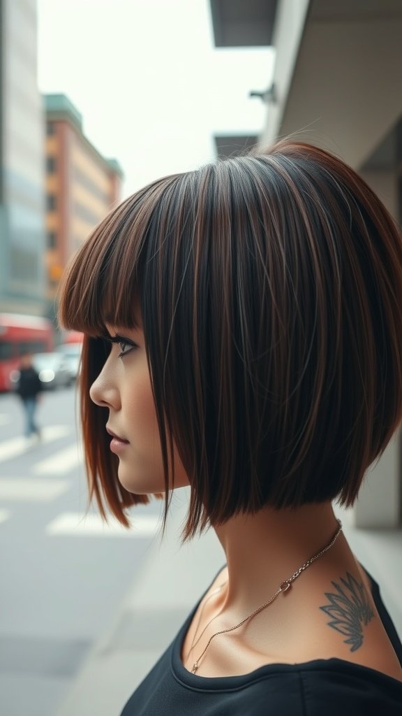 A woman with a short razored bob and blunt bangs, showcasing a stylish and edgy hairstyle.
