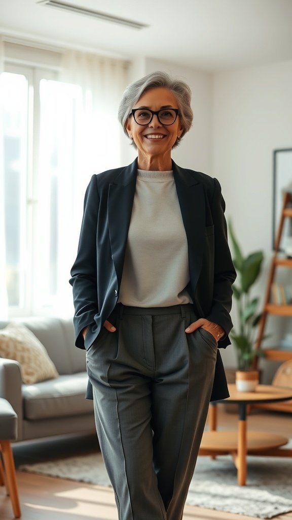 A woman with short salt and pepper hair, smiling confidently in a stylish outfit.