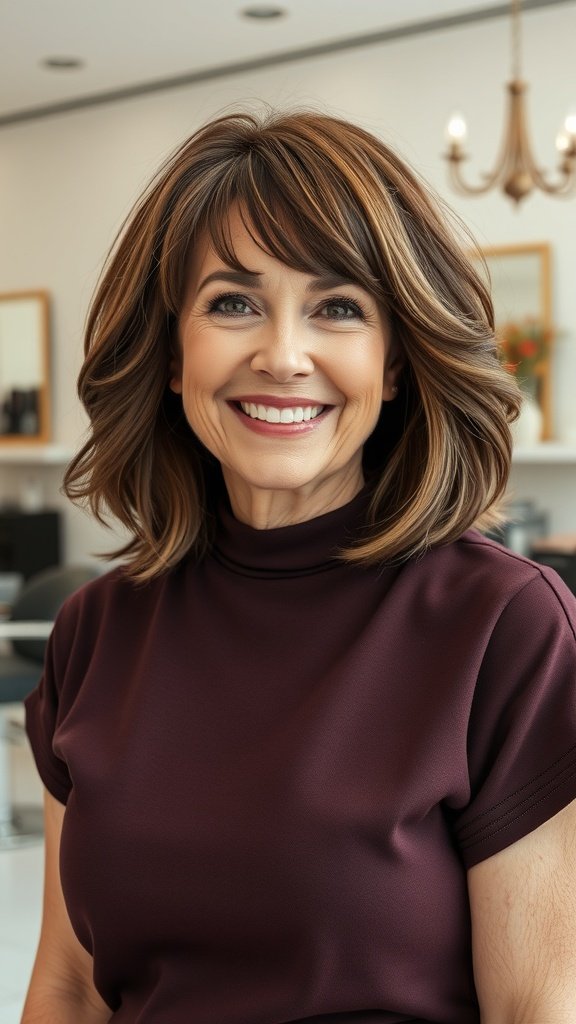A woman with shoulder-length layered hair, smiling and looking stylish.
