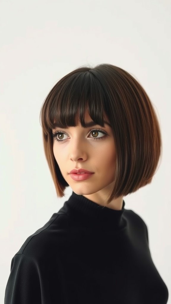 A woman with a sleek chin-length bob hairstyle featuring blunt ends and bangs, wearing a black top.
