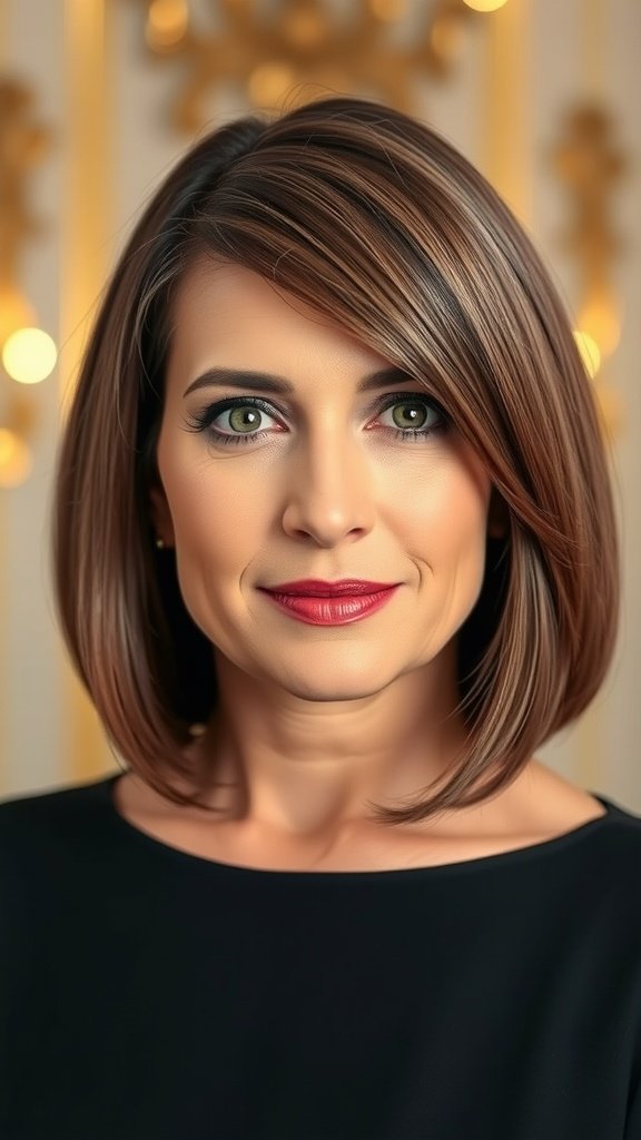 A woman with a smooth bob haircut featuring rounded edges, showcasing a polished and youthful look.