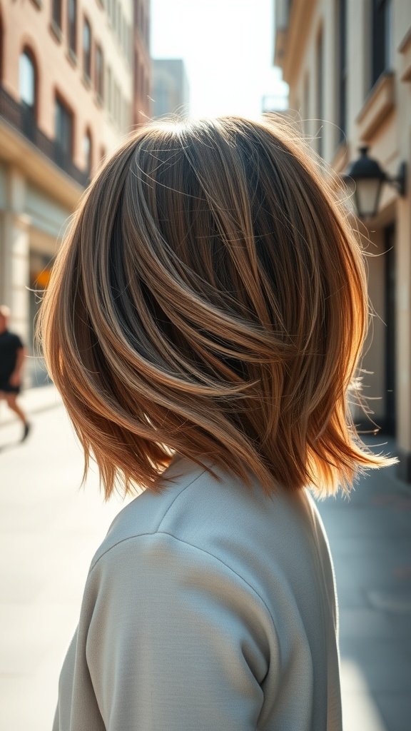 A woman with a soft A-line layered bob hairstyle, showcasing light catching the layers on a sunny street.