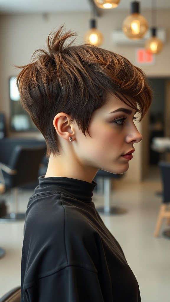 A woman with a swept-back pixie hairstyle featuring layered volume, showcasing a modern and stylish look.