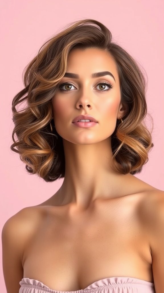 A woman with shoulder-length symmetrical curls and side bangs, showcasing a stylish hairstyle.