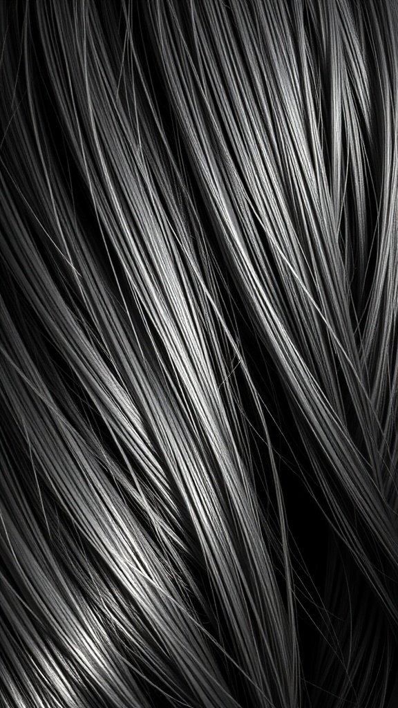 Close-up of shiny, silver hair strands blending into dark hair.
